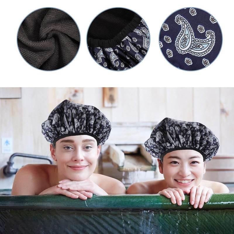 Waterproof Bath Cap For Women Large Blue Paisley Hair Drying Hat Travel Shower Bonnet - Image 4
